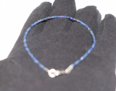 Pulseras de cuerda de plata de ley 925 con cuentas redondas de 2 mm de piedras preciosas de lapislázuli de 7" Foto 1 de 4