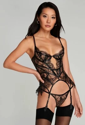 BNWT Agent Provocateur Alyss Corset/Basque, Black Leavers Lace & PVC,Size 4,$795 - Image 1 of 4