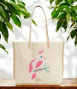 Vera Bradley Straw Tote Lt Natural Straw Pink Embroidered Parrot Beach Bag NWoT - Picture 1 of 11