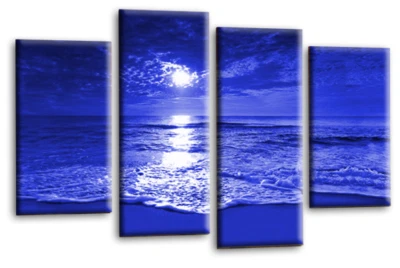 Large Seascape Sunset Love Art Print Blue White Framed Split Canvas Picture - Image 1 of 4