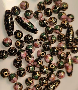 **Pretty Cloisonné 6mm Beads ** Black, Gold & Pink ** 60 Count ** PLUS - Picture 1 of 4