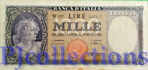 ITALIA - ITALY 1000 LIRE 1947 PICK 82 REPLACEMENT VF PREFIX "W107" RARE - Picture 1 of 2