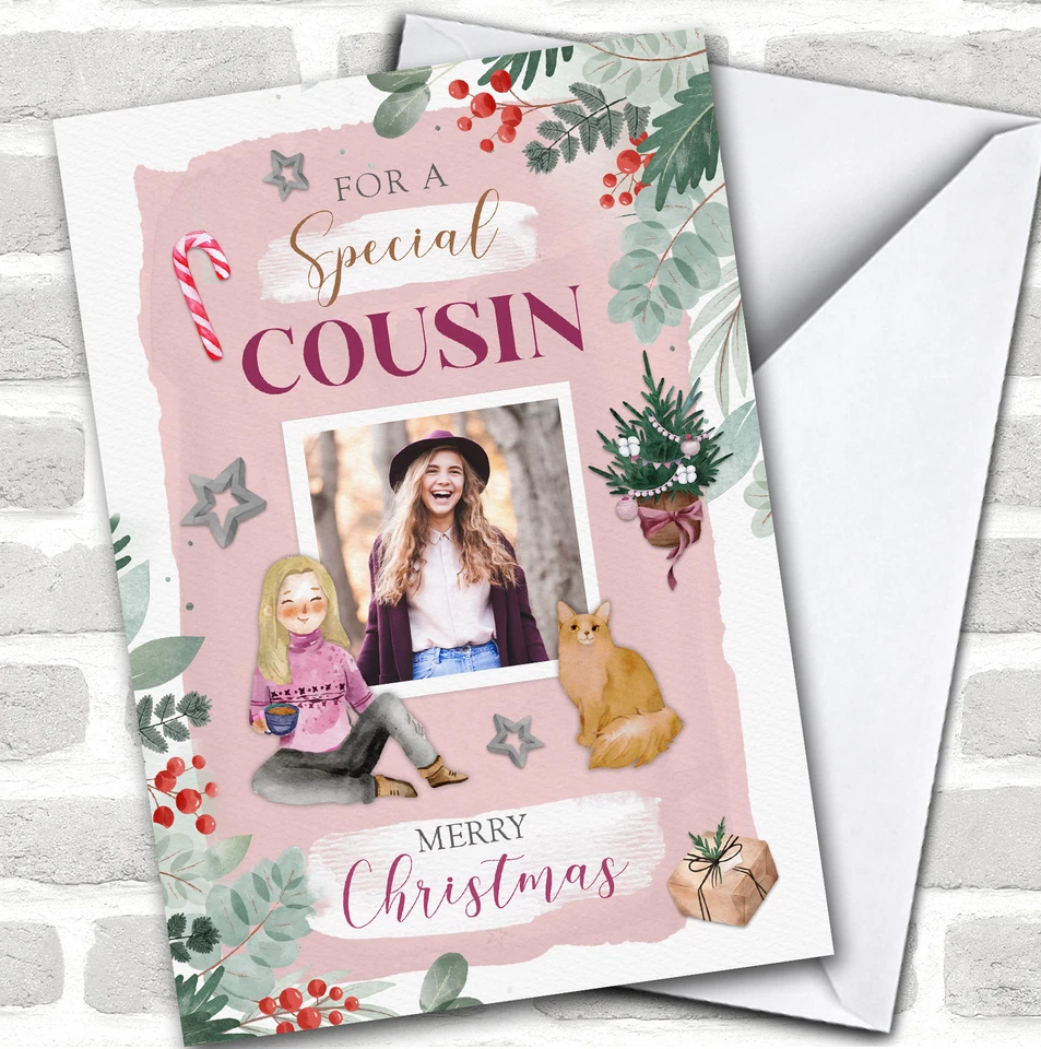 Cousin Christmas Girly Cosy Fluffy Cat Painted Photo Personalised Christmas Card - Image 1 of 1