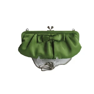 Vintage Chartreuse Satin Clutch Wristlet Rhinestone Kiss Closure Evening Bag - Picture 1 of 7