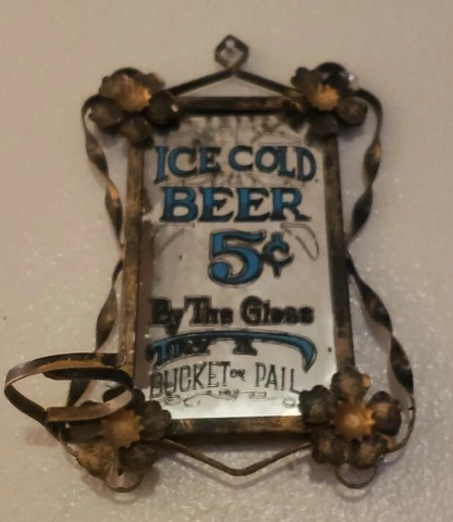 Small Vintage Ornamental Brass Bar Mirror Enesco 1974 Ice Cold Beer 5 Cents Pail Cover