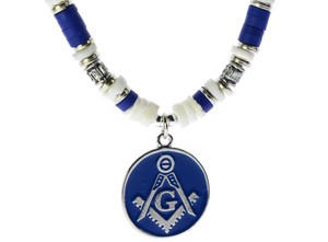 Masonic Mason Blue Compass Pendant & PUKA Bead Chain F5D17A