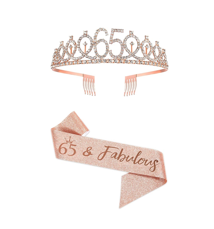 Faja y tiara de cumpleaños 65 corona de oro rosa decoraciones de fiesta regalo ~ 65 y fabulosa Foto 1 de 1
