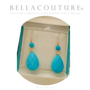 $595 NEW 14K GOLD TURQUOISE TEARDROP VICTORIAN DIAMOND ROSE CUT PENDANT EARRINGS - Picture 1 of 24