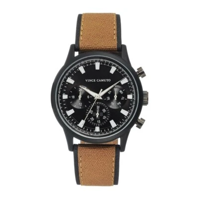 VINCE CAMUTO MEN'S WATCH BLACK WITH BROWN LEATHER BAND VC/1096BKBN / NEW W TAGS - Image 1 of 4