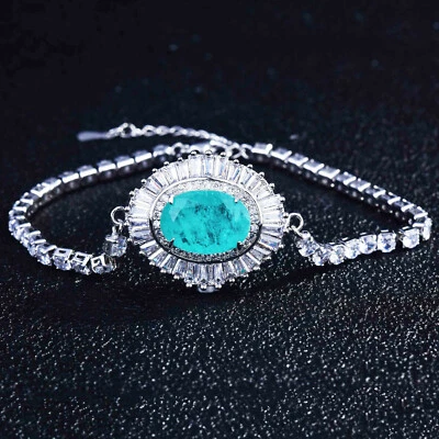 Nuevo diseño especial forma ovalada azul neón turmalina gemas mujeres pulseras plateadas Foto 1 de 4