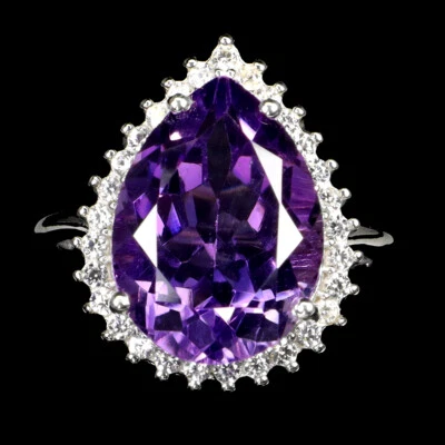 925 Anello Argento Sterling Pera Ametista 16x12mm Zircone Gemma Gioielli Sz - Immagine 1 di 4