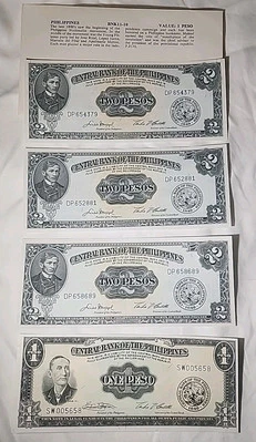 Philippines 2 Pesos ND (1949) 1 Peso Unc Note Central Bank Lot Of 4 Collection  - Image 1 of 4