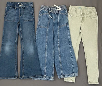 批量 3 件 女孩牛仔裤 尺寸 7-8 蓝色 绿色 可调腰靴 切割 宽腿喇叭 — 第 1/4 张图片