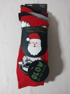 Santa Glow In The Dark Christmas Socks Size 6-12 Shoe Mens 3 Pair Red Gray Black - Picture 1 of 8