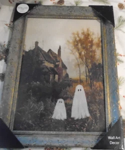 Petal Lane Halloween Fantasma Dúo Casa Embrujada Enmarcada Vidrio Pared Art Deco Nuevo - Imagen 1 de 3