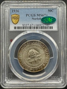 1936 NORFOLK COMMEMORATIVE SILVER HALF DOLLAR PCGS MS67+ CAC 10XEF25 - Picture 1 of 4