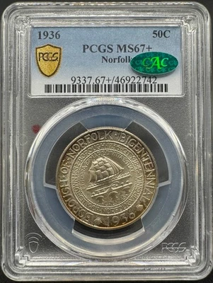1936 NORFOLK COMMEMORATIVE SILVER HALF DOLLAR PCGS MS67+ CAC 10XEF25 - Image 1 of 4