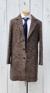 Express Men's Brown Herringbone Wool Blend Long Winter Topcoat Sz M - Picture 1 of 13