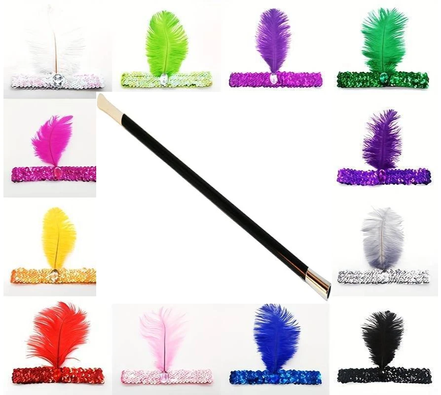 Sequin & Feather Charleston Flapper Headband & Cigarette Holder 1920 Fancy Dress - Image 1 of 1