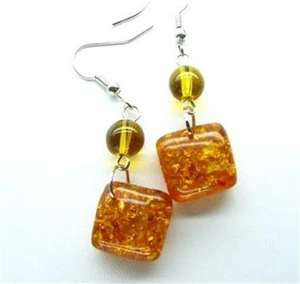 Honey Amber Earrings Simulated Silver Pierced Orange Yellow Stones Plated - Picture 1 of 2