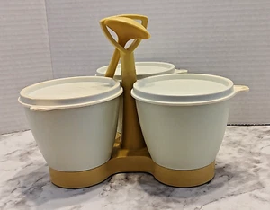 VTG Retro Tupperware Condiment Set Almond Harvest Gold w Spoon 757 - 9 - Picture 1 of 11
