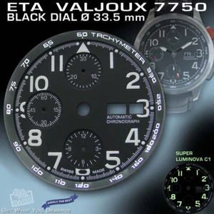 ZIFFERBLATT FÜR UHRWERK ETA VALJOUX 7750, TACHYMETERRING, SCHWARZ, SUPER LUM. Ø 33,5 mm - Bild 1 von 2