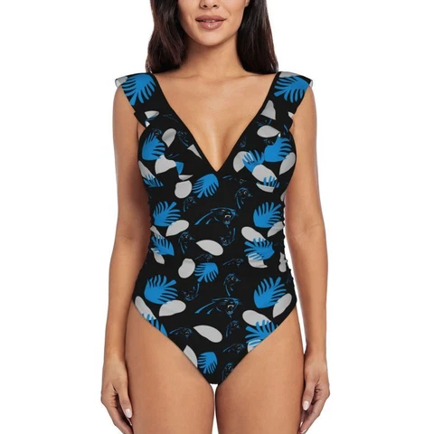 Carolina Panthers Women's Ruffle One Piece Swimsuit Hawaiian Printed Swimsuit Cover