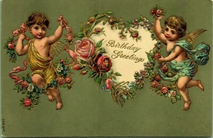 Postal de cumpleaños Cupido victoriano flores corazón rosas saludos en relieve - Imagen 1 de 4