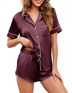 Womens Silk Satin Pajamas Set Short Sleeve Sleepwear Button Down Loungewear 2... - Picture 1 of 6