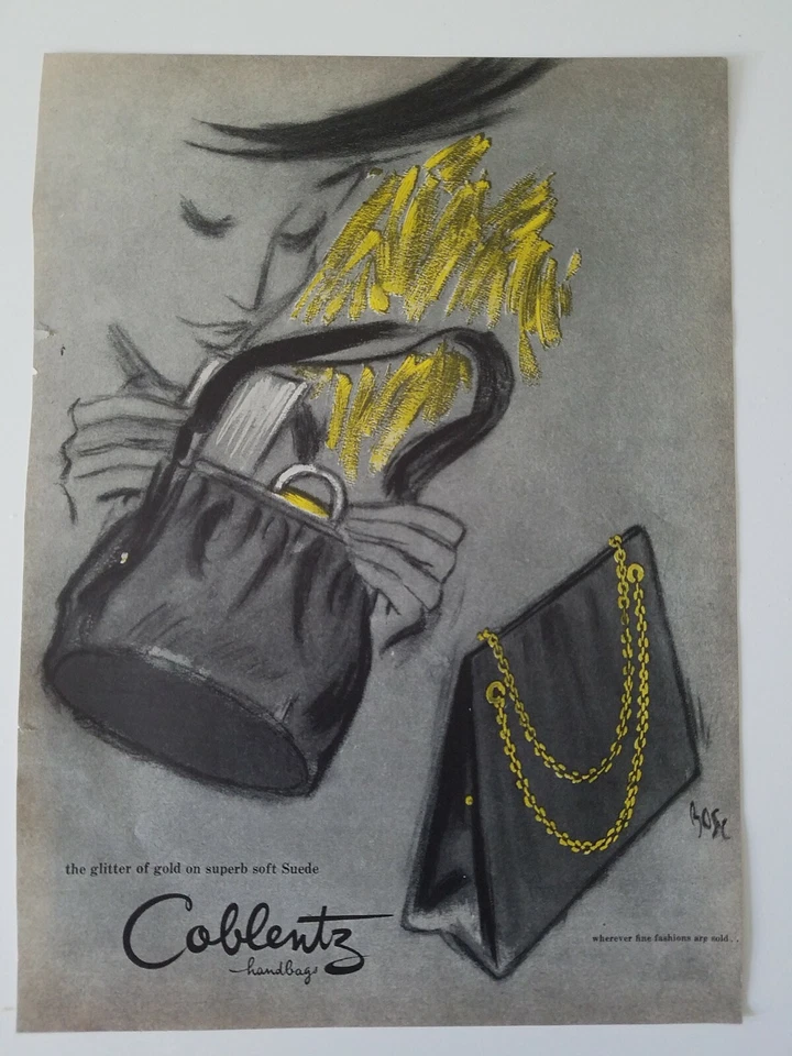1946 women's Coblentz handbag purse glitter of gold on soft suede vintage ad - Image 1 of 1