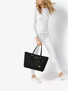 Michael Kors Jet Set Tote Bag Black 3-Zip Saffiano X-Large Leather 30T5GTVT2L - Picture 1 of 11