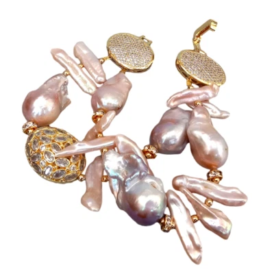 Pulsera Perla Keshi Púrpura Cultivada Natural Conector Circonita Cúbica 8" Foto 1 de 4