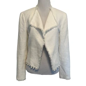Club Monaco Jamia Blazer Womens Size 4 White Pom Pom Trim Open Career Jacket - Picture 1 of 10