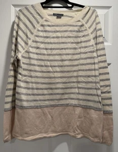 Woman VINCE gray Cream Pink Striped Wool Cashmere Pullover Sweater Sz Medium - Picture 1 of 4