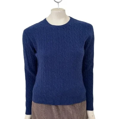 AQUA 100% Cashmere Baby Cable Knit Crewneck Sweater in Navy WOMEN'S 8 PETITE - Image 1 of 4