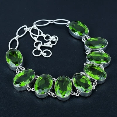 Green Peridot Gemstone Handmade 925 Sterling Silver Jewelry Necklace Size-17-18" - Image 1 of 4