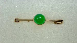Antique 14K Rose Gold Green Chrysoprase Stone Safety Pin Bar Brooch 3.6g - Picture 1 of 7