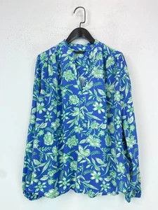 M&S Blue Green Floral Blouse V Neck Long Sleeve Relaxed Fit UK12 - Picture 1 of 7