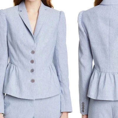 REBECCA TAYLOR Tailored Peplum Collared Blazer Sz 6 Blue Linen Ruffle Jacket - Image 1 of 4