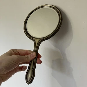 Antique Silver Tone Metal Bevelled Hand Mirror Art Nouveau Vanity - Picture 1 of 8