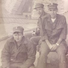 Vintage Color Photo Young Military Men Sitting Uniform Hats Snapshot