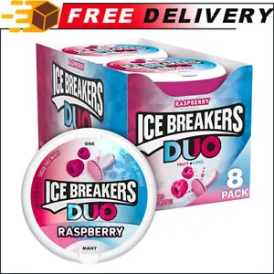 ICE BREAKERS DUO Raspberry Flavored Sugar Free Breath Mints 1.3 oz Tins, 8 Count - Picture 1 of 7