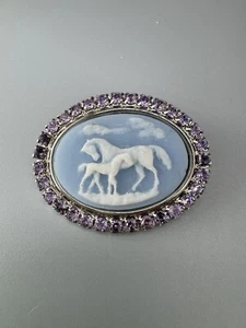 Kirks Folly Dream Horse Blue Carved Cameo Purple Crystal Silver Tone Oval Brooch - Picture 1 of 10