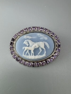 Kirks Folly Dream Horse Blue Carved Cameo Purple Crystal Silver Tone Oval Brooch - Image 1 of 4
