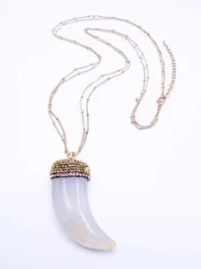 UNIQUE White Marble Agate Stone Italian Horn Brown Crystals Pendant Necklace - Picture 1 of 12