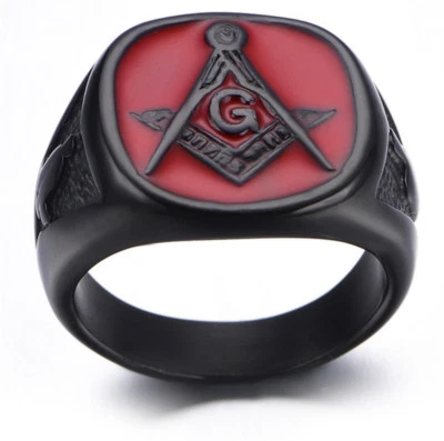 Men Masonic Ring Square G & Pillars Freemason Master Mason Black Red Size 7-14 - Image 1 of 4