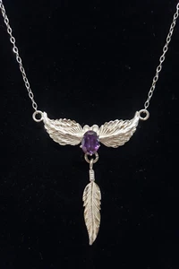 Sterling Silver Amethyst Pendant Necklace Wings Dangle Feather Vtg SW Signed TT - Picture 1 of 19