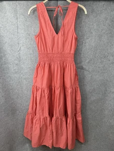 Anthropologie Maeve Tiered Midi Sleeveless Dress Coral Pink Orange Smocked 4 - Picture 1 of 10