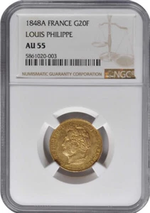 FRANCE , GOLD 20 FRANCS 1848 A PARIS NGC AU 55 , RARE1 - Picture 1 of 4