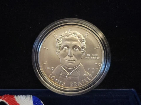 2009 Louis Braille Commemorative UNC Silver Dollar | OGP Box & COA Cover
